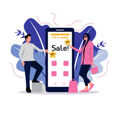 Young guy and girl are shopping via smartphone, online, sale.