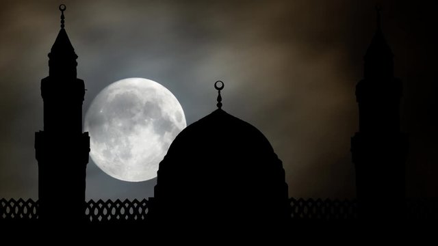 Medina, Saudi Arabia: Masjid al-Qiblatayn by Night, Time Lapse with Full Moon and Silhouette of Qiblatain Mosque