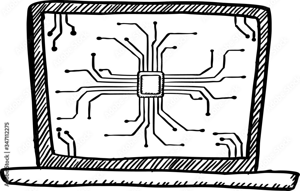 Poster cartoon style black and white doodle of notebook with computer cpu from puzzle