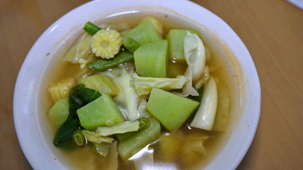 Traditional indonesian culinary food, sayur asam soup close up, which contain mix vagetables in tamarind clear soup