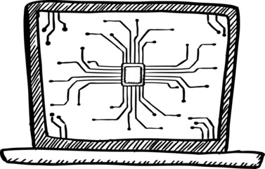Cartoon style black and white doodle of notebook with computer cpu from puzzle