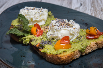 Toast with avocado and egg.