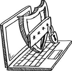 Cyber protection shield, with password secured by padlock. Doodle style cartoon notebook - black line and white fill on transparent background