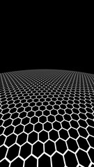 Dark honeycomb on dark background. Perspective view on polygon look like honeycomb. Ball, planet, covered with a network, honeycombs, cells. 3D illustration