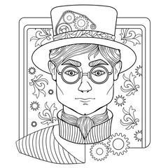 coloring  page for adults with man face and decorative mechanical details
