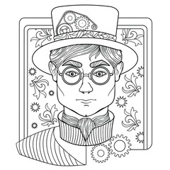 coloring  page for adults with man face and decorative mechanical details