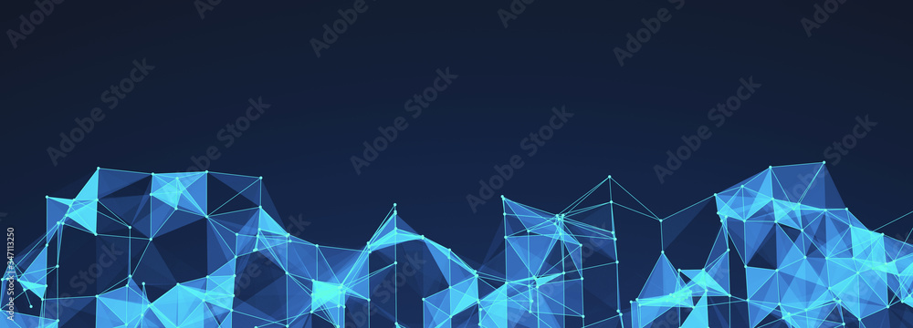 Poster Abstract polygonal space with connecting dots and lines. Dark background. Connection structure. 3d Widescreen