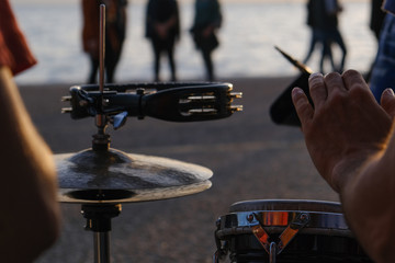 Close-up shot of drums from street artists perform live