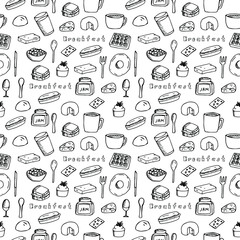 Breakfast seamless pattern, vector illustration, coffee, tea, sandwich, hot dog, jam, bread, butter, waffle, cake, scrambled eggs, cheese, cereal, egg, spoons, fork and knife, hand drawing