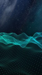 Abstract landscape on a dark background. Cyberspace grid. hi tech network. Outer space. Vertical orientation. Starry outer space texture. 3D illustration