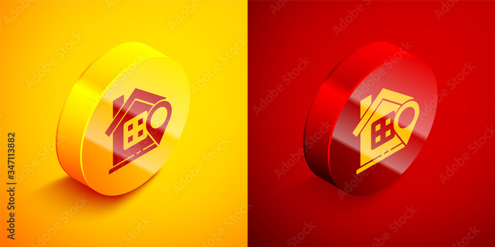 Poster isometric map pointer with house icon isolated on orange and red background. home location marker sy