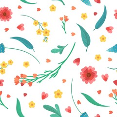  Floral decorative backdrop. Flowers blossoms and leaves flat vector retro seamless pattern. Abstract wildflowers on white background.Blooming meadow plants. Vintage textile, fabric, wallpaper design