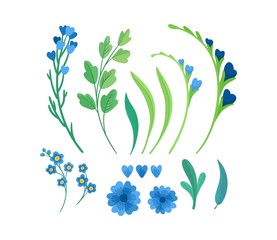 Fototapeta na wymiar Flowers elements flat vector illustrations set. Blooming meadow wildflowers, green leaves and hearts greeting, invitation card design elements pack. Blue flowers isolated decorations