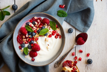 Yogurt with fresh fruit and cereals in a bowl, healthy breakfast