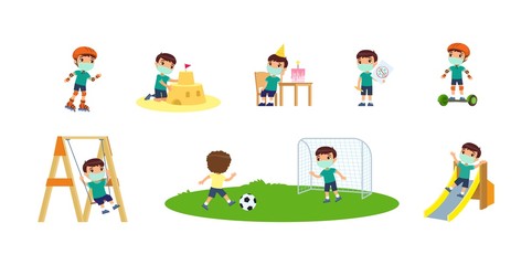 Little boy with face mask plays in the playground. Concept of summer entertainment with respiratory diseases, allergies. Child plays different summer games. Cartoon character,  illustrations set.
