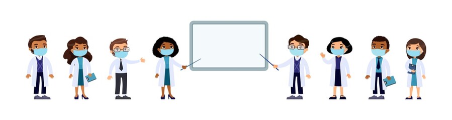 International doctors in medical masks and medical clothes. Doctors point to medical demo board. Horizontal vector illustration. Cartoon flat characters.