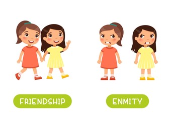 Two little girls quarrel and friends illustration with typography. Friendship and enmity antonyms flashcard vector template. Word card for english language learning with flat characters. Opposites 