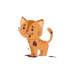 Dirty cat flat vector color illustration. Unhappy kitten in mud. Bad child behavior. Untidy; grubby little cat cartoon character isolated on white background