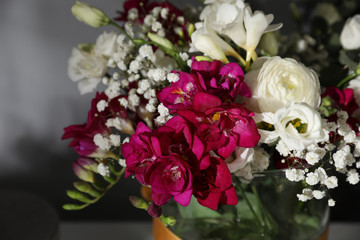 Beautiful bouquet with spring freesia flowers, closeup