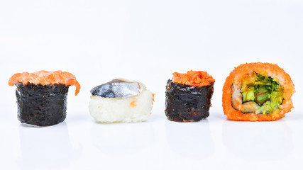 Sushi pattern on white background.Seamless pattern with sushi. Food abstract background. Sushi on the white background.Creative layout made of sushi. Flat lay. Food concept. Macro concept.