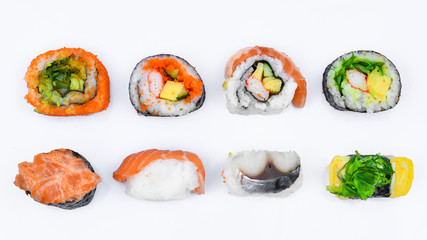 Sushi pattern on white background.Seamless pattern with sushi. Food abstract background. Sushi on the white background.Creative layout made of sushi. Flat lay. Food concept. Macro concept.