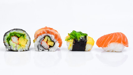 Sushi pattern on white background.Seamless pattern with sushi. Food abstract background. Sushi on the white background.Creative layout made of sushi. Flat lay. Food concept. Macro concept.