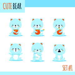 cartoon cute blue bear set in 6 different poses