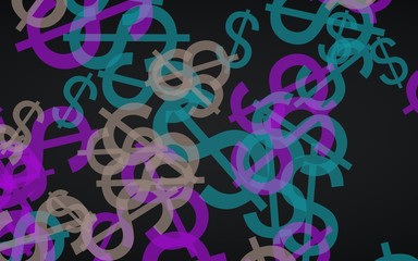 Multicolored translucent dollar signs on dark background. Red tones. 3D illustration
