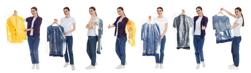 Obraz premium Collage of woman holding hanger with clothes on white background. Dry-cleaning service