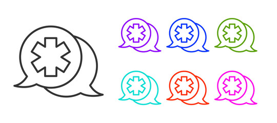 Black line Dialogue with the doctor icon isolated on white background. Doctor and patient dialog. Consulting about medical health services. Set icons colorful. Vector Illustration