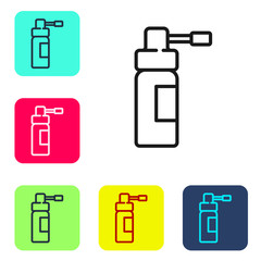 Black line Medical bottle with nozzle spray for the treatment of diseases of the nose and throat icon isolated on white background. Set icons in color square buttons. Vector Illustration