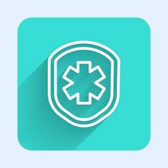 White line Medical shield with cross icon isolated with long shadow. Protection, safety, password security. Green square button. Vector Illustration