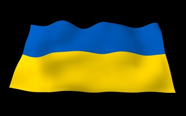 The flag of Ukraine on a dark background. National flag and state ensign. Blue and yellow bicolour. 3D illustration waving flag