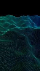 Naklejka premium Abstract green landscape on a black background. Cyberspace grid. hi tech network. Depth of field. 3D illustration