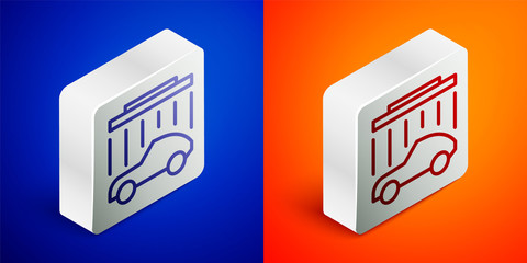 Isometric line Car wash icon isolated on blue and orange background. Carwash service and water cloud icon. Silver square button. Vector Illustration
