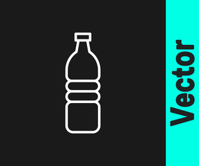 White line Bottle of water icon isolated on black background. Soda aqua drink sign.  Vector Illustration