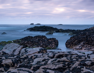 Fototapeta na wymiar Rocks on the ocean shore at dusk. Long exposure with milky waves washing over the shore.