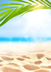 Fototapeta na wymiar Summer sand beach background. Palm leaf, sea and sky. Summer concept.