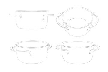 Set stewpan in isometry from different angles. Sketch, black outlines of the pan on a white background. Vector graphic for your illustration in EPS 10 format.