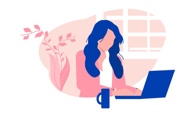 Freelancer girl works at home vector illustration