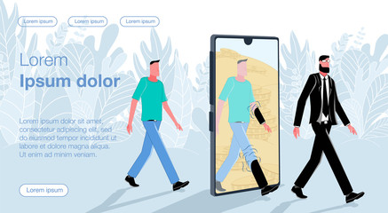 Transformation. A guy in a T-shirt and jeans walks through the phone and leaves a wealthy businessman in a business suit and with a case. Business vector concept illustration.