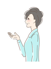 笑顔で手を差し出す女性の横顔