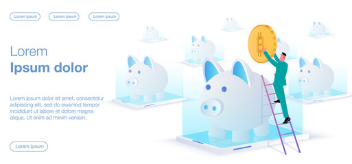 A businessman climbs the stairs and puts a coin in a piggy bank that comes out of the phone screen. Business vector concept illustration.