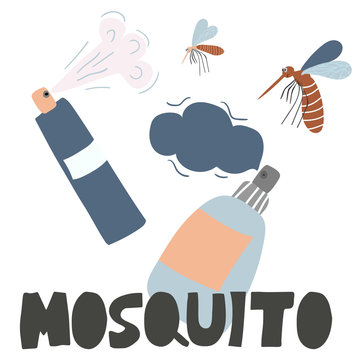 Repellent spray in the bottle. Protection from the mosquito and other insect. Aerosol for bug bite prevention. Vector illustration in cartoon style
