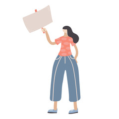 Woman holds a blank poster. Female protesters or activists. Flat cartoon colorful vector illustration.