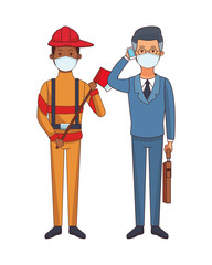firefighter and businessman using face masks