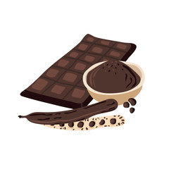 Ripe Carob pods, chocolate, seeds and carob powder on the white background. Cartoon flat vector illustration. Superfood healthy food set