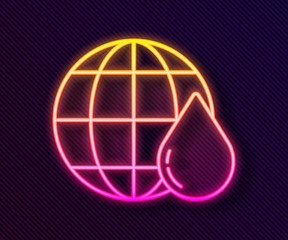 Glowing neon line Earth planet in water drop icon isolated on black background. World globe. Saving water and world environmental protection.  Vector Illustration