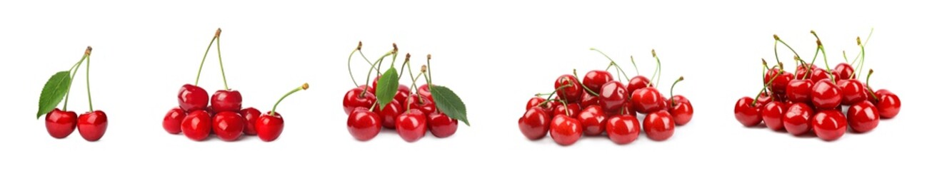 Set of ripe cherries on white background. Banner design