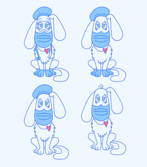 White dog doctor in medical clothes and protection - mask, gloves, glasses, hat and endoscope. Vector illustration, contour drawing. Fighting viruses and COVID-19